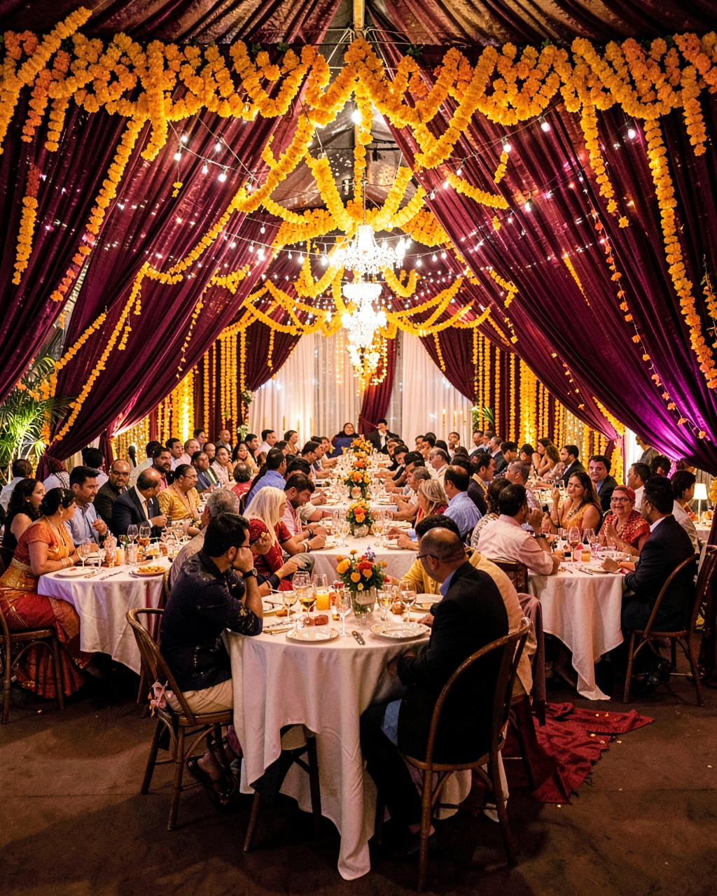 Bihar wedding reception dining setup with marigold decorations