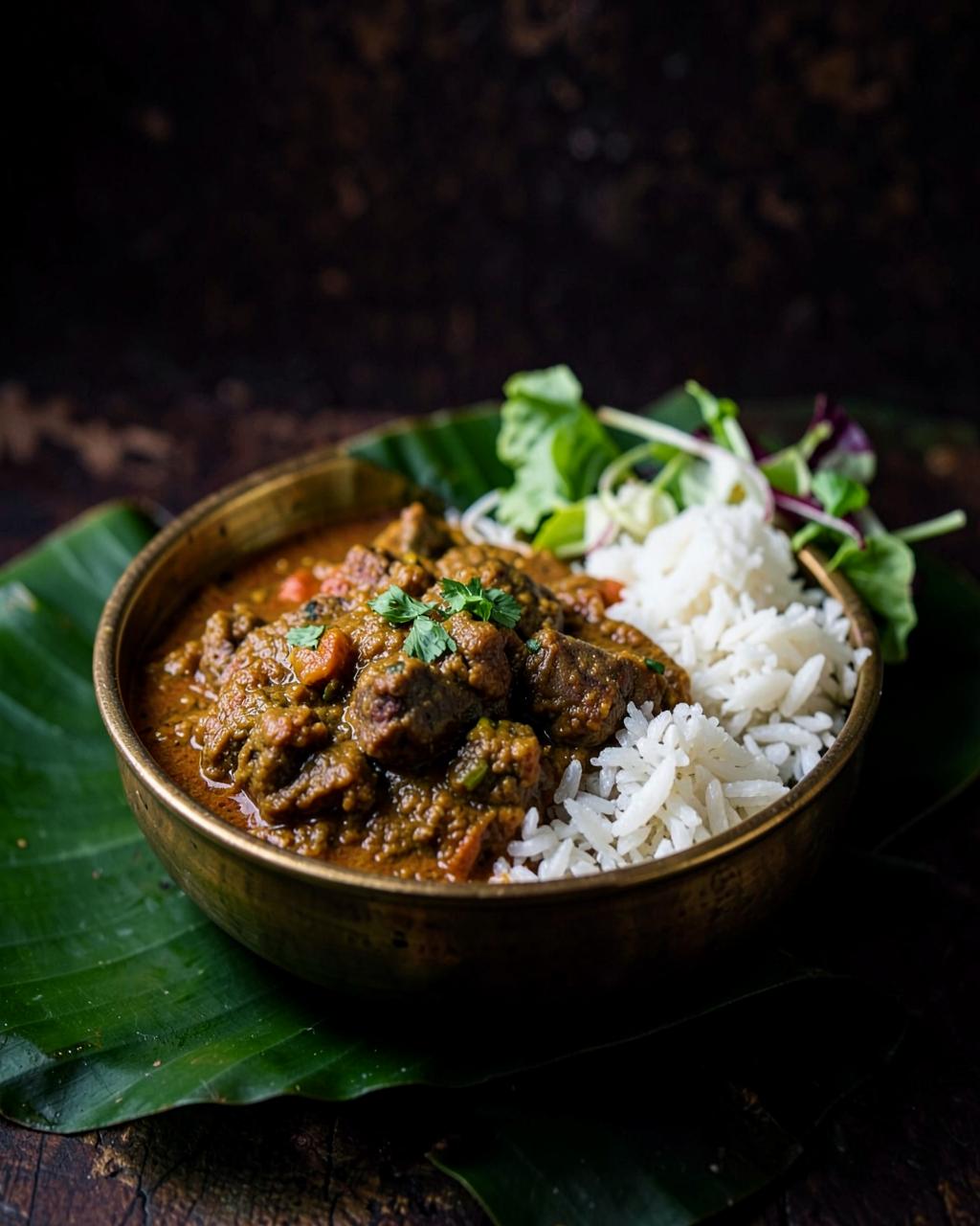 Bihari mutton curry with rice served in a brass bowl